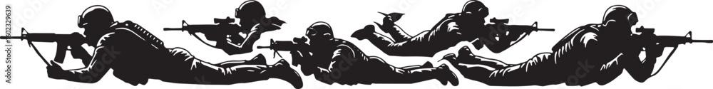 Obraz premium Soldiers aiming rifles in various prone positions military, soldiers, military, army, combat, warfare, weapons, rifles, guns, aiming, prone, tactical, action, silhouette, black and white, illustration