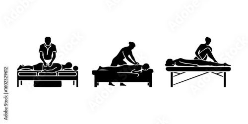 Silhouettes of masseurs giving massage to lying clients. Set of vector black flat sketches