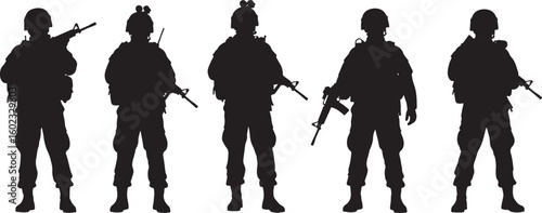 Soldiers holding rifles military combat, soldiers, military, rifle, combat, uniform, helmet, tactical gear, standing, armed, silhouette, black and white, group, ready, alert, defense, protection, secu