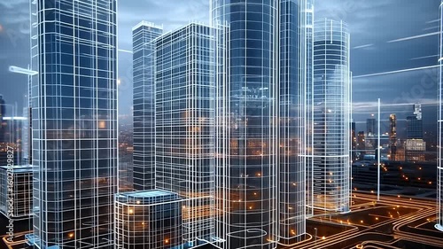 Futuristic city skyline with illuminated skyscrapers and digital overlay at dusk, showcasing urban life