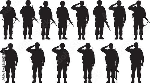 Soldiers saluting holding rifles military salute, soldiers, military, salute, rifle, uniform, helmet, black silhouette, standing, formation, army, duty, honor, respect, patriotism, armed forces, defen
