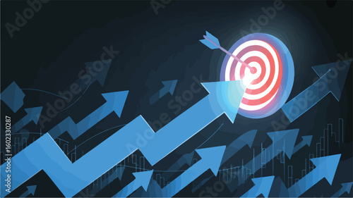 Blue arrows ascend towards a glowing target with a bullseye hit success