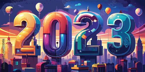 Celebrate the New Year with vibrant 2023 cityscape and festive balloons