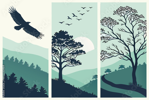 Tranquil triptych majestic eagle soars over serene mountain landscapes with silhouetted trees and a winding path