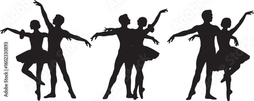 Ballet dancers in graceful poses silhouettes black, ballet, dancers, silhouettes, black, white, performance, grace, elegance, movement, art, classical, dance, tutu, pointe shoes, partnership, studio, 