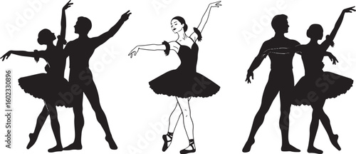 Ballet dancers performing graceful poses performance, ballet, dancers, performance, silhouette, black and white, elegance, grace, movement, classical, art, stage, tutu, pointe shoes, partnership, solo