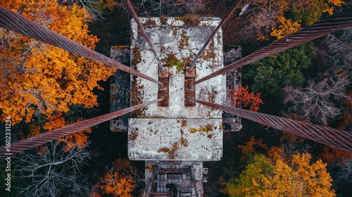 Historic suspension bridge cable anchorage aerial view concrete anchor block steel cables autumn forest overhead perspective