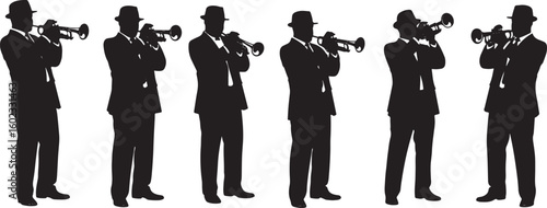 Black silhouettes of men playing trumpets musicians, black, silhouette, men, musicians, trumpets, brass instruments, fedora hats, suits, ties, playing music, jazz, performance, white background, graph