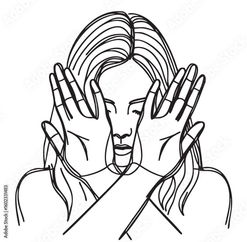Woman making a stop violence. Sketch. Woman closed face hands