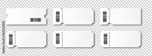 White ticket and coupon vector collection PNG. Isolated blank paper forms for events, movies, theater, flights, or vouchers. Minimalist mockups with perforated edges