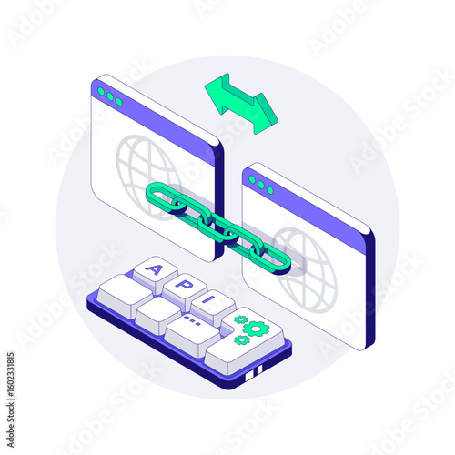 API connects two Web Services. Connection through a digital Chain. api Integration and data exchange. Keyboard with settings icon emphasizes automation. Isometric vector illustration