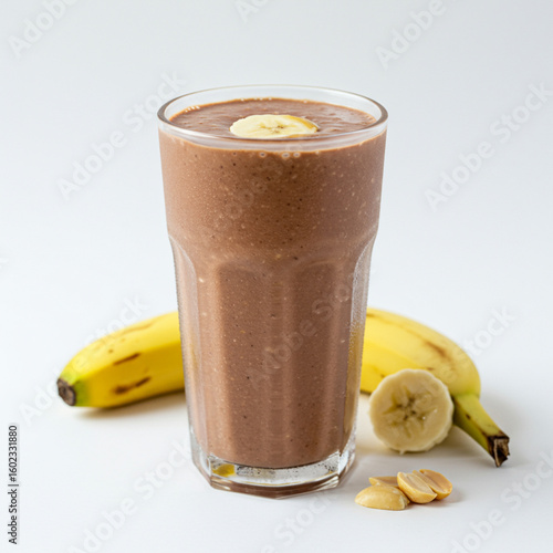 Delicious chocolate protein smoothie with banana and peanut butter on white.