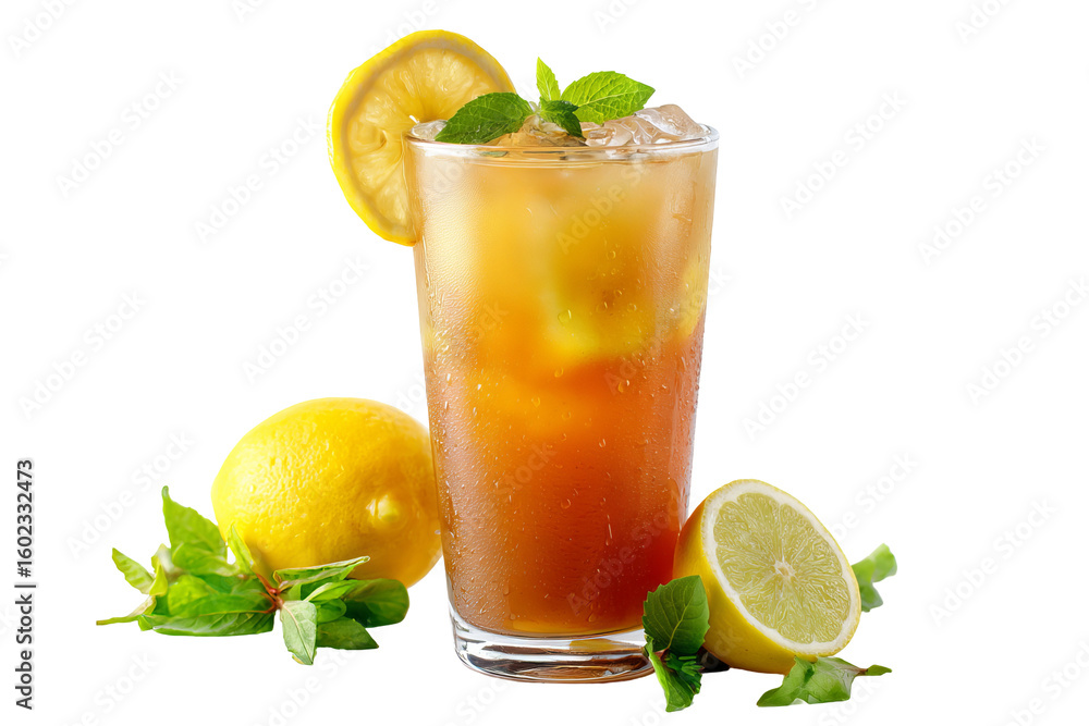 Fototapeta premium Refreshing summer iced lemon tea with vibrant citrus slices and dewy condensation — high‑resolution transparent PNG cutout ideal for bright seasonal drink branding, café menu design