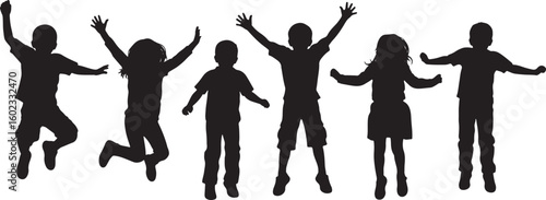 Children jumping joyfully black silhouettes happy, children, jumping, joy, happy, silhouettes, black, white, active, playful, energetic, celebration, freedom, childhood, movement, fun, outdoor, group,