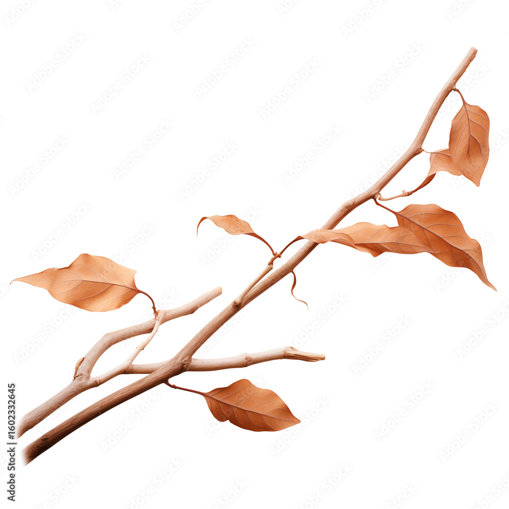 Fototapeta premium Dry brown tree branch with leaves isolated on white background
