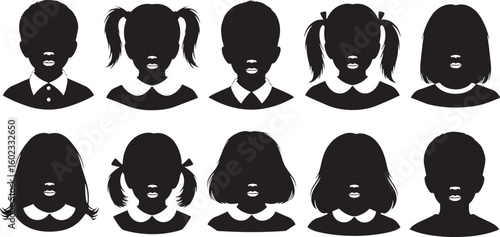 Children silhouettes with diverse hairstyles and clothing, children, silhouettes, diverse, hairstyles, clothing, pigtails, bob cut, short hair, long hair, collars, shirts, black, white, graphic, vecto