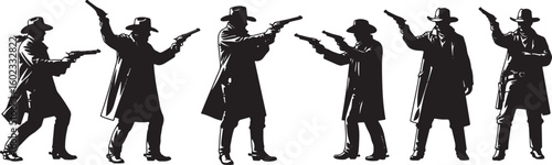Cowboys aiming guns in action poses pistol western, cowboy, gun, pistol, western, outlaw, silhouette, action, duel, shooting, vintage, retro, black and white, illustration, danger, wild west, cowboy h