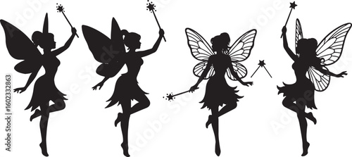 Dancing fairies with wands and wings fairy silhouette, fairy, silhouette, dancing, wings, magic wand, fantasy, whimsical, black and white, illustration, children, myth, folklore, celebration, enchantm