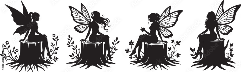 Fairy silhouettes on tree stumps with floral elements, fairy, silhouette, tree stump, wings, floral, nature, fantasy, black, white, decorative, illustration, whimsical, magical, enchanting, garden, fo Fairy silhouettes on tree stumps with floral elements, fairy, silhouette, tree stump, wings, floral, nature, fantasy, black, white, decorative, illustration, whimsical, magical, enchanting, garden, fo