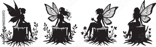 Fairy silhouettes on tree stumps with floral elements, fairy, silhouette, tree stump, wings, floral, nature, fantasy, black, white, decorative, illustration, whimsical, magical, enchanting, garden, fo