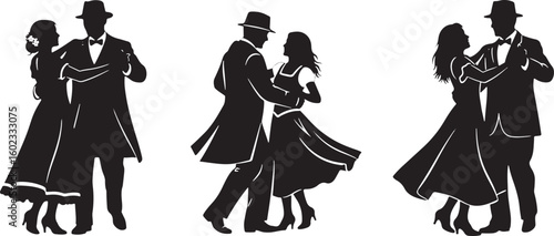 Elegant couples dancing in formal attire dancing couples, dancing couples, silhouettes, formal wear, suits, dresses, hats, bow ties, ballroom dancing, vintage style, romantic, elegant, celebration, ev