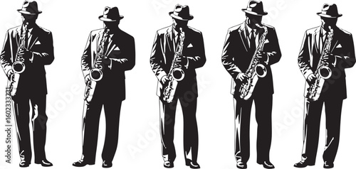 Five men playing saxophone jazz music, saxophone, jazz, music, musician, band, performance, concert, entertainment, black and white, silhouette, vintage, retro, suit, fedora, formal, style, art, illus