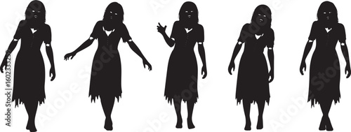 Five zombie silhouettes in tattered dresses female, zombie, silhouette, female, tattered dress, horror, creepy, undead, walking, standing, isolated, black and white, graphic, illustration, spooky, hal