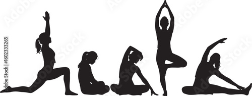 Five women performing yoga poses fitness stretching, yoga, fitness, stretching, exercise, silhouette, women, flexibility, balance, health, wellness, active lifestyle, meditation, peaceful, calm, stren