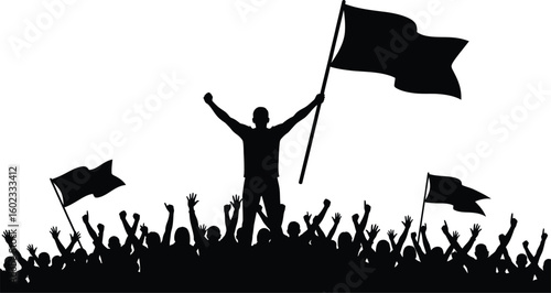 Silhouette of crowd cheering with flags and a leader raising arms in a political demonstration scene