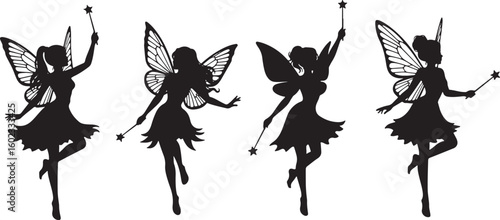 Four fairy silhouettes with wands and wings black white, fairy, silhouette, black, white, wings, wand, star, magic, fantasy, girl, dance, pose, illustration, graphic, design, whimsical, ethereal, deli
