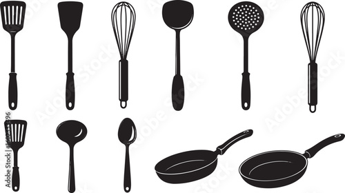 Kitchen utensils and cookware collection spatula slotted spatula, spatula, slotted spatula, whisk, ladle, spoon, skimmer, frying pan, cooking, kitchen, black, white, illustration, set, tools, equipmen