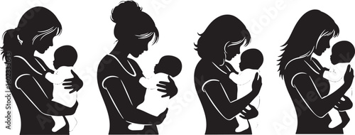 Mother holding baby silhouettes love, mother, baby, holding, silhouette, love, family, care, tenderness, bonding, parent, child, infant, black and white, graphic, illustration, simple, clean, maternal