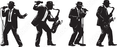 Musicians performing jazz music jazz musicians singers, jazz musicians, singers, saxophone players, fedora hats, suits, microphones, musical instruments, performance, black and white, silhouette, vint
