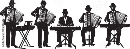 Musicians playing accordions and keyboards performance, musicians, accordions, keyboards, music, performance, band, instrumentalists, black and white, silhouette, vintage, entertainment, jazz, folk, c