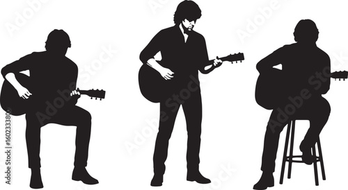 Silhouettes of men playing guitars acoustic guitar, silhouette, man, men, guitar, acoustic guitar, playing, music, musician, performer, black and white, isolated, white background, sitting, standing, 