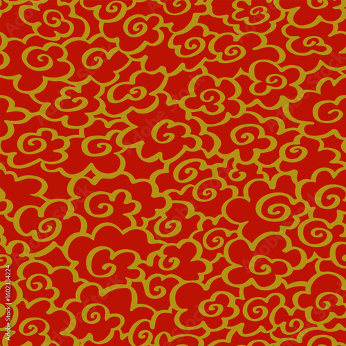 Seamless vector pattern with traditional swirling Asian clouds in gold on red, inspired by brocade textiles