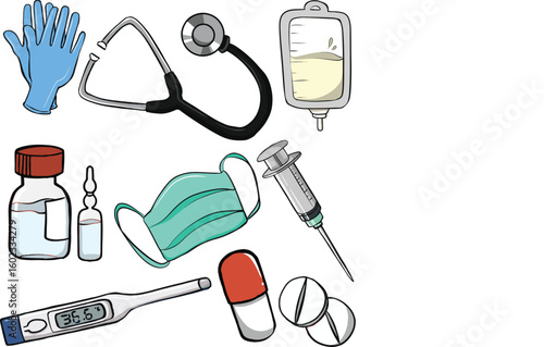 Medical Equipment and Tools Vector Set — Hand-Drawn Style

Hand-drawn vector illustration of various medical equipment and healthcare tools including gloves, stethoscope, syringe, medicine
