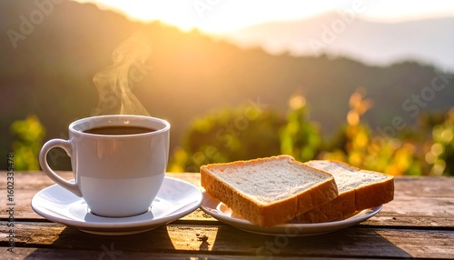 Morning coffee and bread on a wooden table overlooking a sunrise