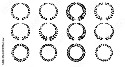Laurel wreath icon set PNG. Vector silhouettes of circular leaf frames for medals, trophies, and awards. Black decorative branches for badges or winner labels.
