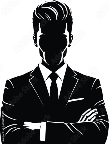 Silhouette of a man in a suit with arms crossed and no face shown against a white background design art