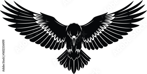 A black and white graphic illustration of a raven with its wings spread wide in a symmetrical design