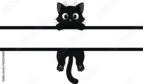 A cartoon black cat hanging from two black lines with a white background and a curled tail visible