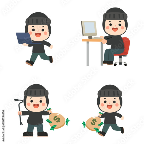 Cartoon Thief Stealing Money and Computer