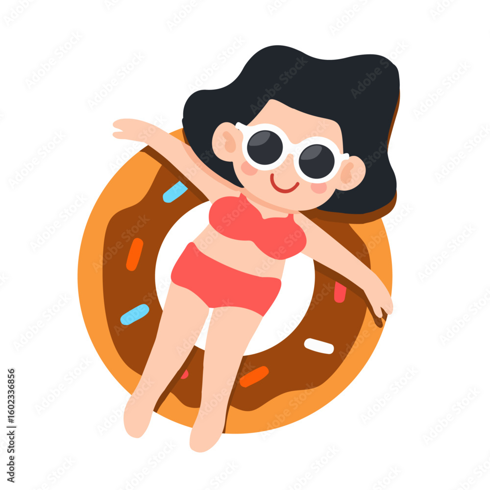 Naklejka premium Cartoon Woman Relaxing on Donut Pool Float