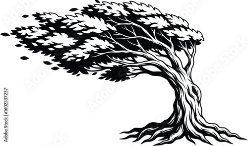 A stylized black and white illustration of a tree bent by the wind with leaves blowing off to the side