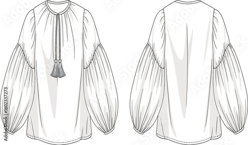 Fashion blouse flat sketch, puff sleeves, tassel neckline tie, stylish clothing cad, technical vector garment drawing, front back view