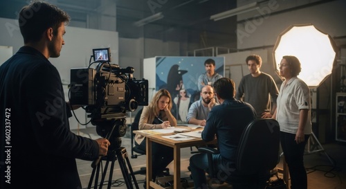 Film production team meeting on set. Diverse crew discussing project at table. Movie making process with camera and lighting equipment. Creative collaboration in studio