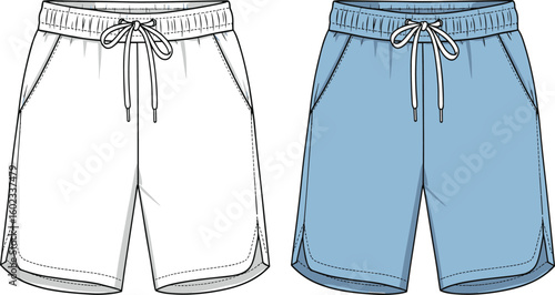 Men's shorts, drawstring waistband, fashion apparel, casual wear, white and blue, flat vector, summer style, CAD illustration, clothing design