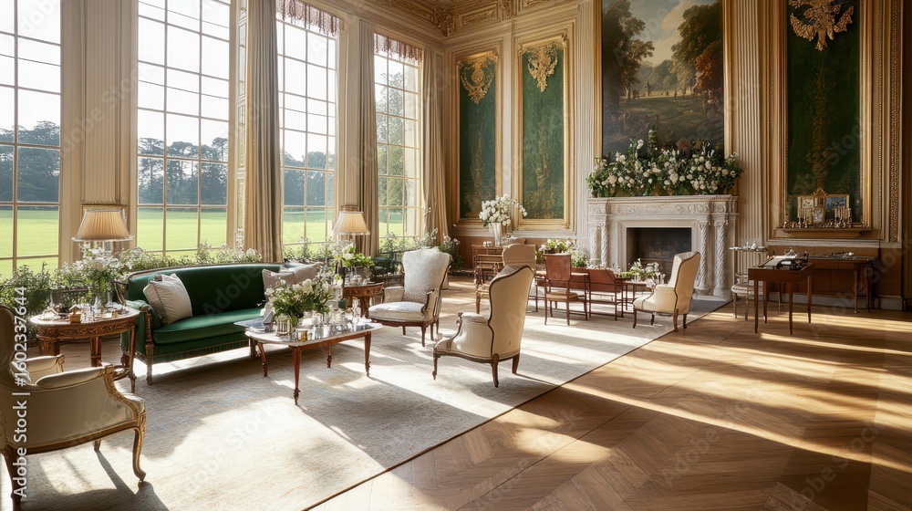 Fototapeta premium Grand Parlor with Natural Light: A luxuriously appointed room, flooded with natural light, featuring elegant furnishings, exquisite details.