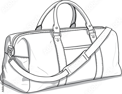 Stylish duffel bag vector illustration, CAD drawing, flat sketch, fashion travel gear, shoulder strap, zipper detail, line art, minimalist design